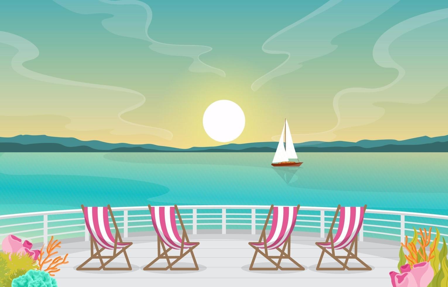 Cruise Ship Deck with Sunrise and Ocean Horizon Illustration vector