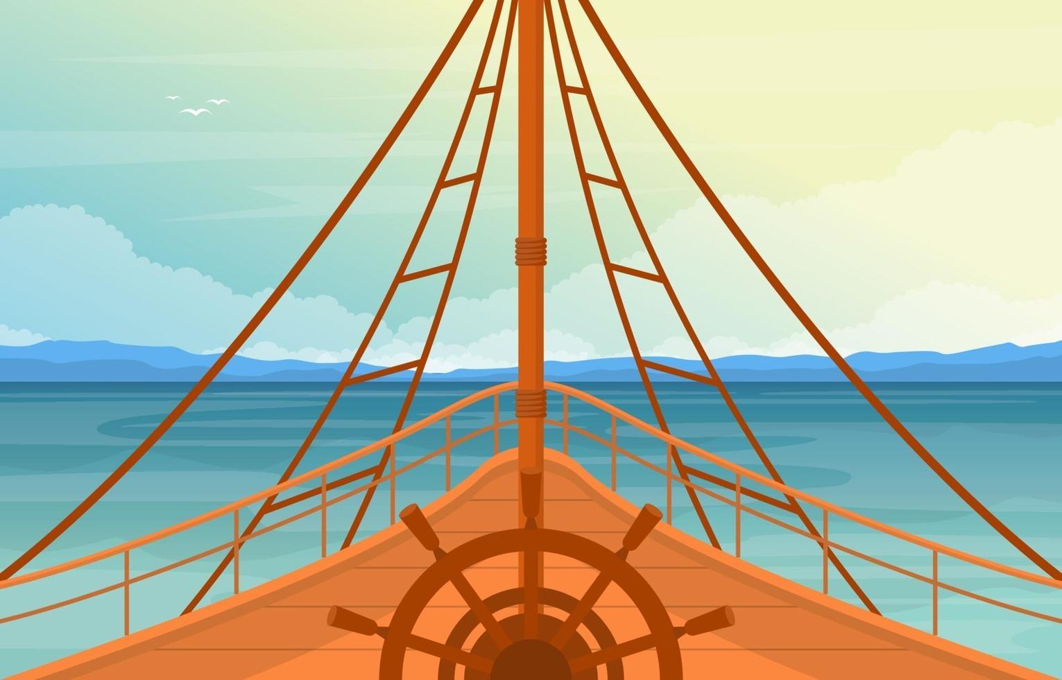 cubierta de barco capitán con rueda de navegación e ilustración de horizonte oceánico vector