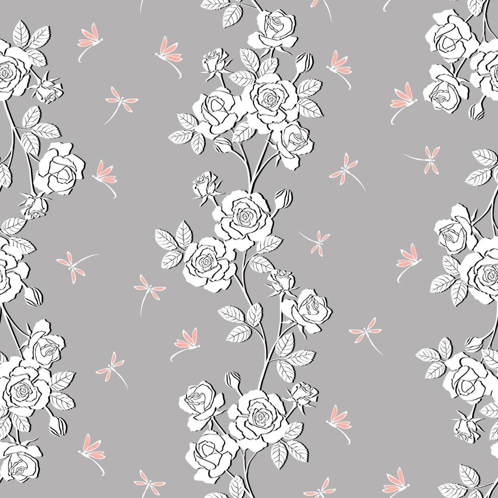 Blooming white roses garden with dragonfly seamless pattern vector