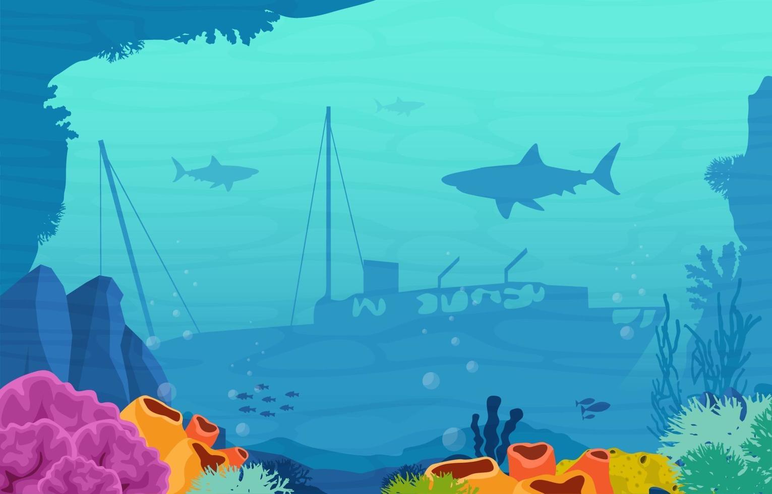 Escena submarina con barco hundido, peces y arrecifes de coral ilustración vector