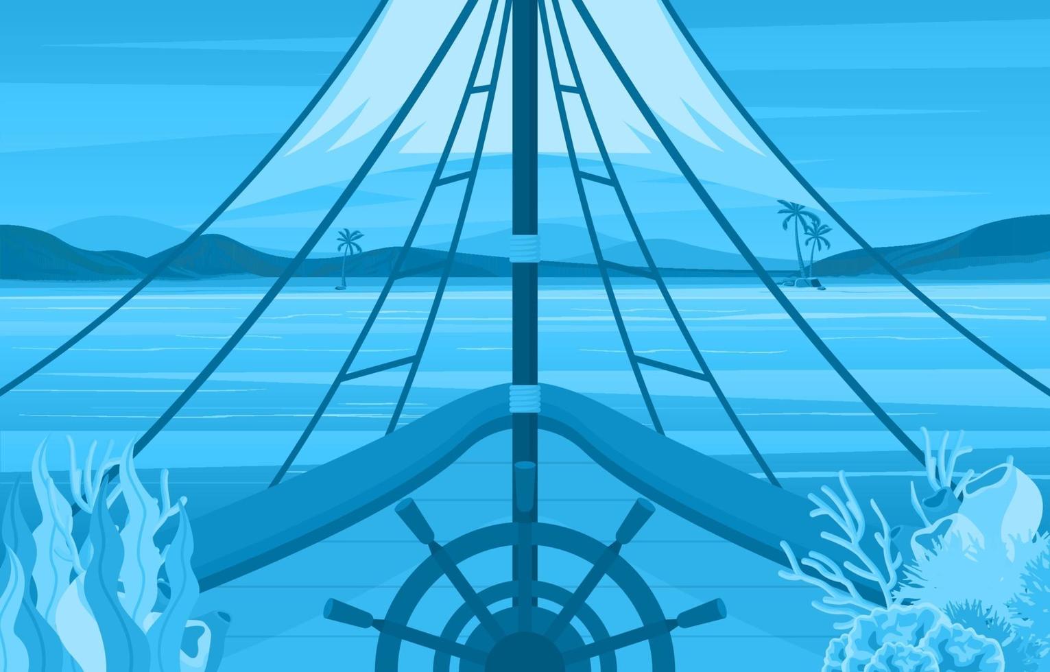 cubierta de barco capitán con rueda de navegación e ilustración de horizonte oceánico vector