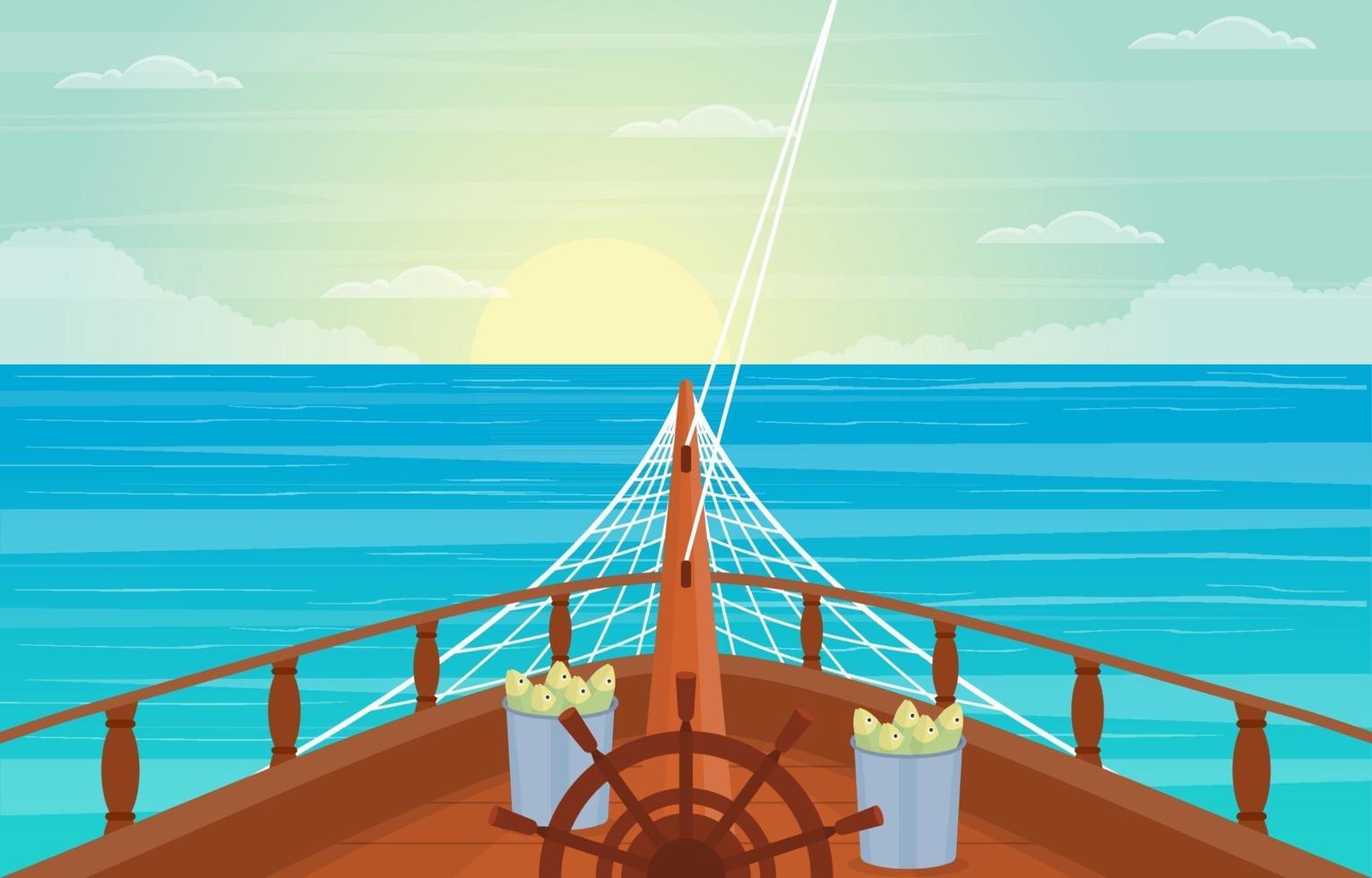 cubierta de crucero con amanecer y horizonte oceánico ilustración vector