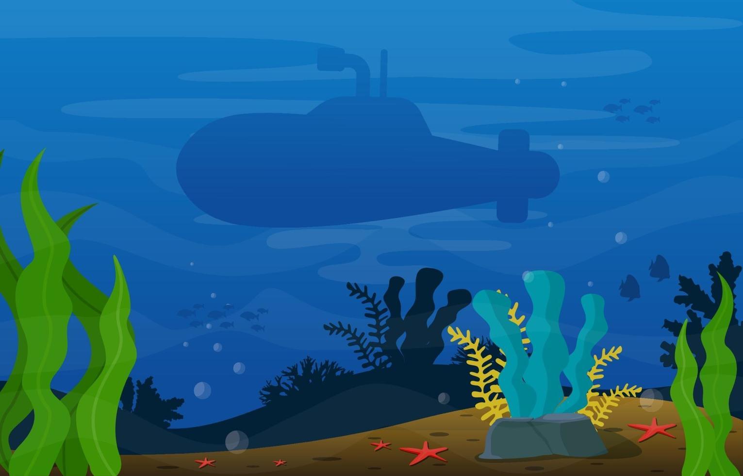 Underwater Scene with Submarine, Fish and Coral Reef Illustration vector