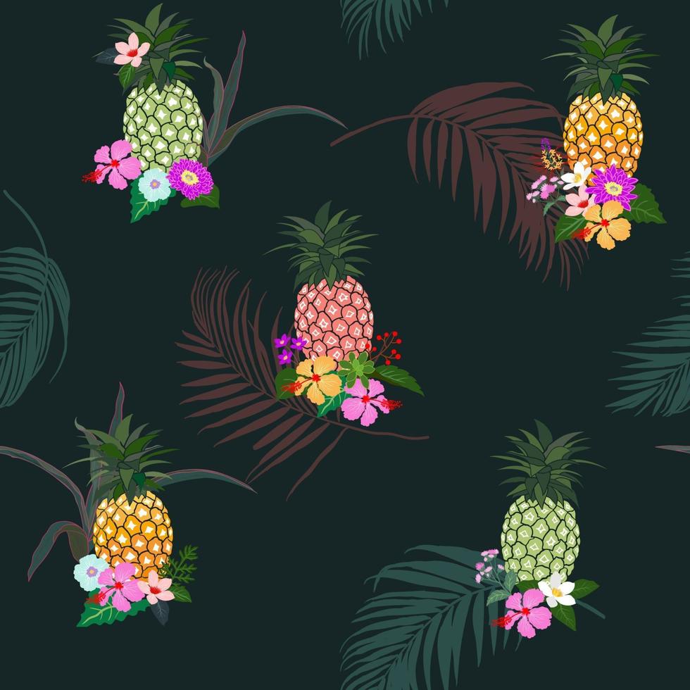 Colorful pineapple with tropical flowers and leaves seamless pattern vector