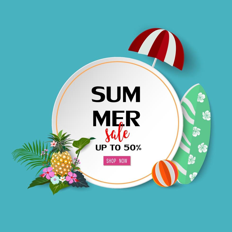 Summer sale background with tropical flowers and leaves vector