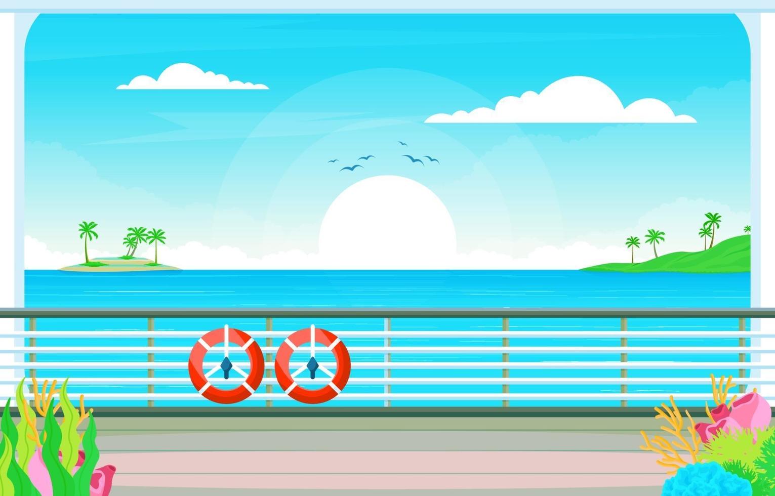 Cruise Ship Deck with Lifebuoy and Ocean Landscape vector