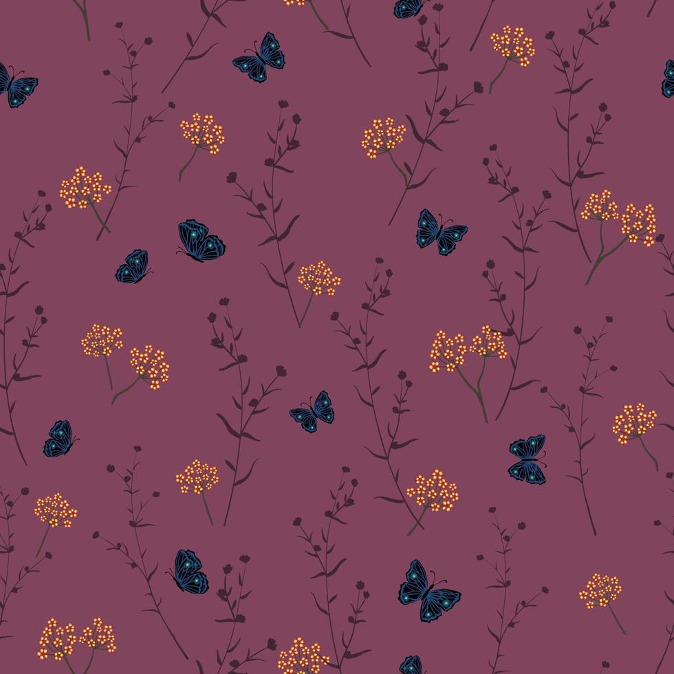 Blooming floral seamless pattern with blue butterfly vector