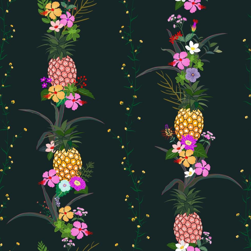 Pineapple with colorful tropical flowers and leaves seamless pattern on dark summer night background vector