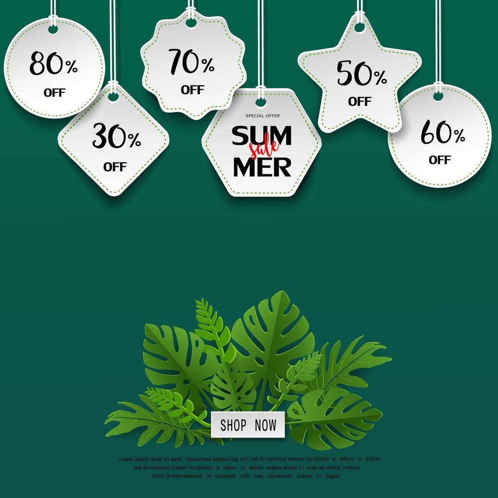 Paper art summer sale template banner with tropical leaves vector