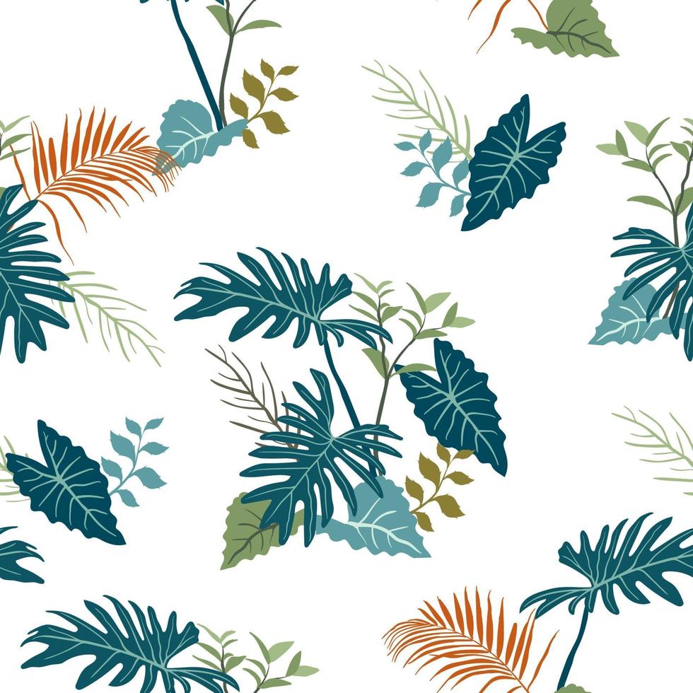 Tropical garden leaves on monotone blue color seamless pattern vector