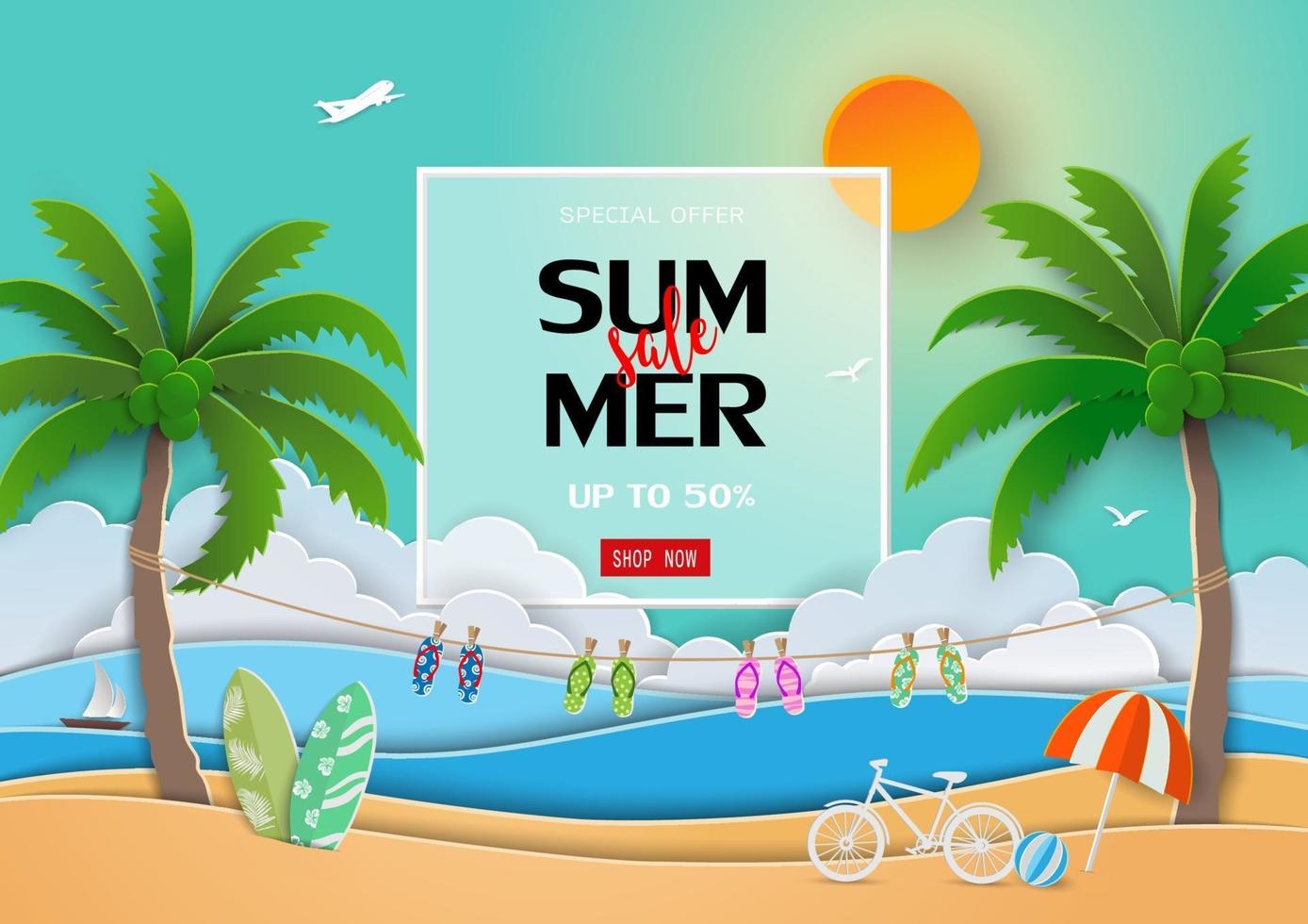 Paper art summer sale background with view of blue sea vector