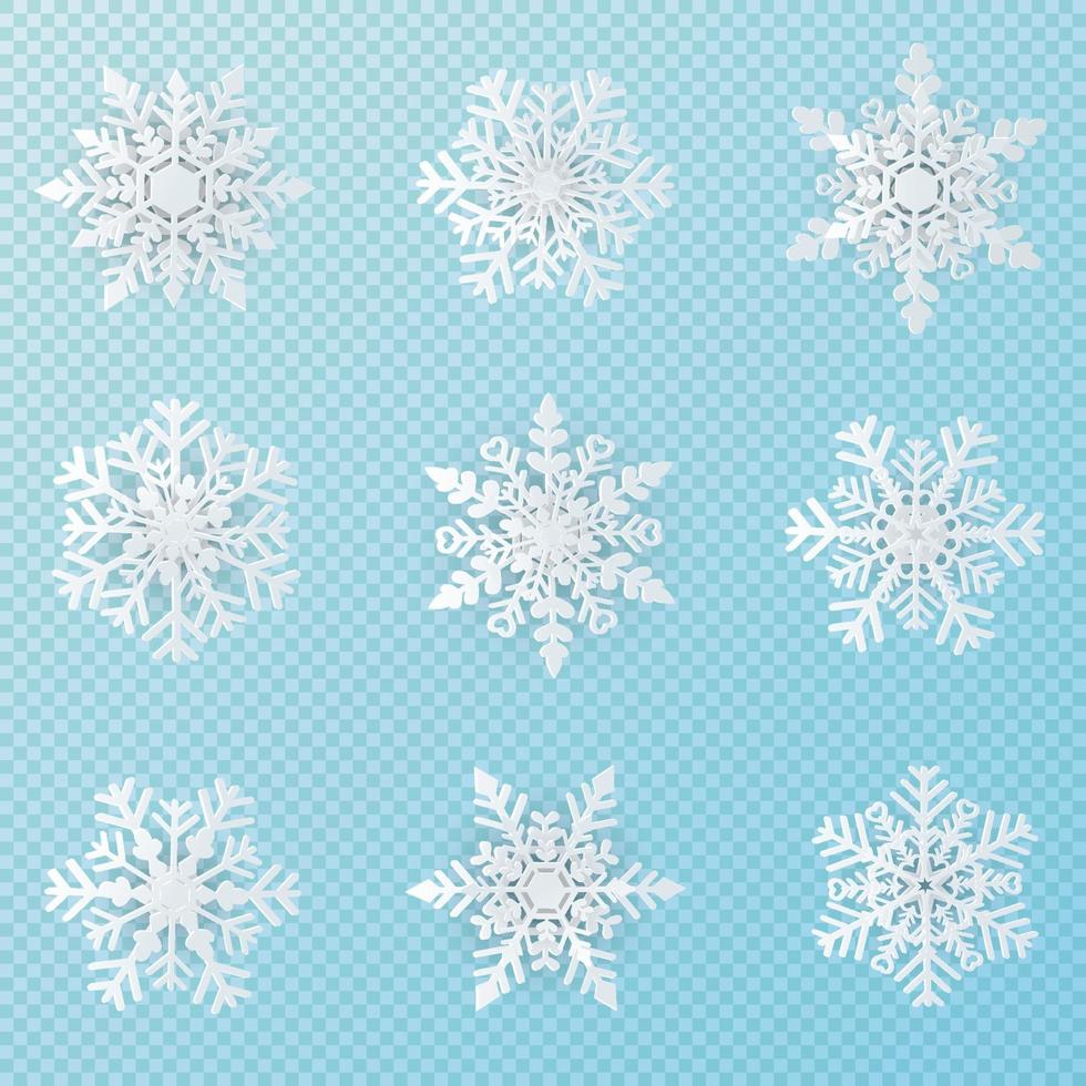 conjunto de 9 arte de papel de copos de nieve de navidad blanca vector