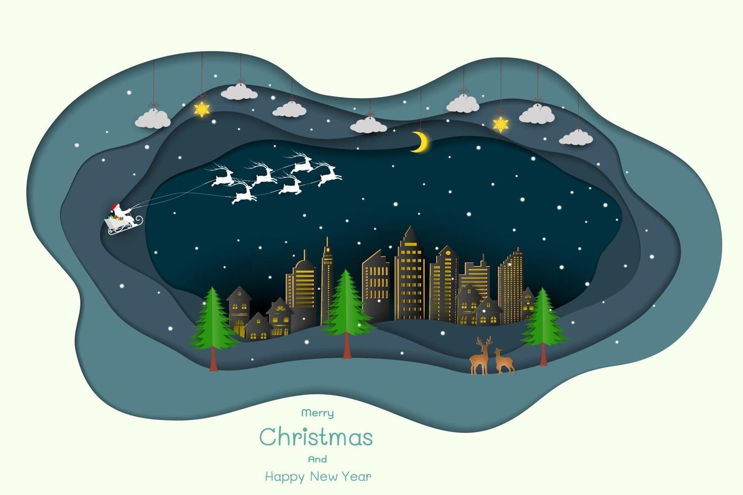 Merry Christmas and Happy new year, paper art style with Santa claus coming to the city on a winter night vector
