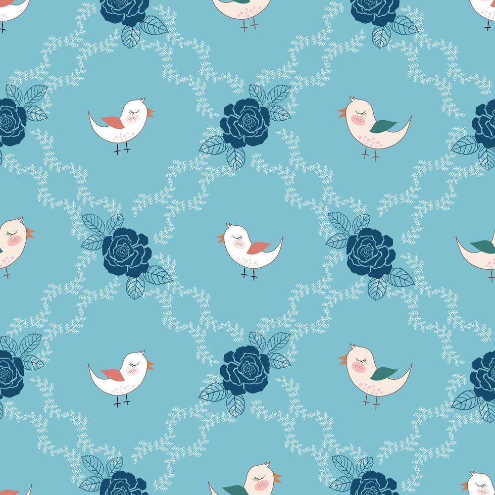 Cute birds in roses garden seamless pattern vector