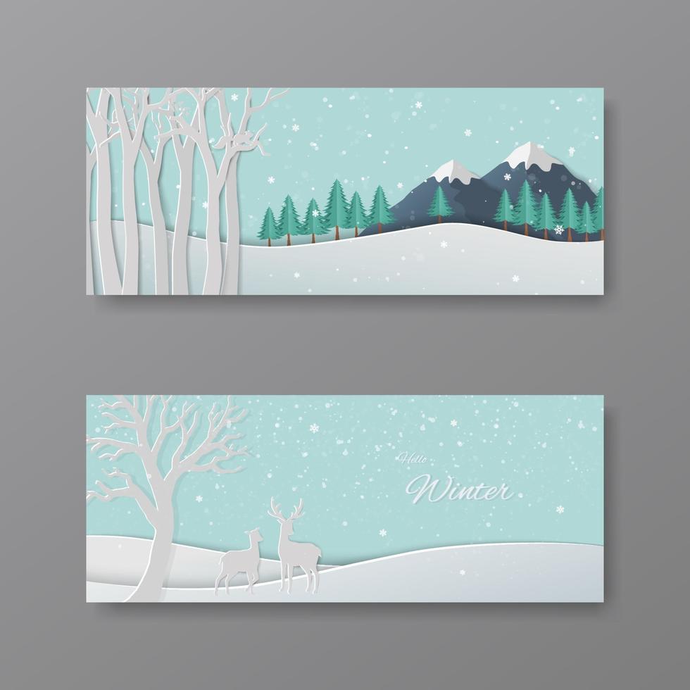 conjunto de escenas de invierno, ciervos de arte de papel en el bosque con copos de nieve sobre fondo azul pastel vector