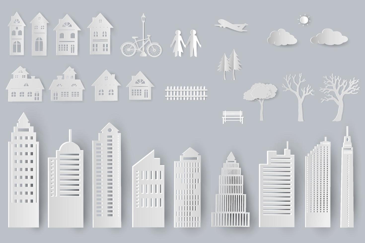 Set of buildings,houses,trees isolated objects for design in paper cut style vector