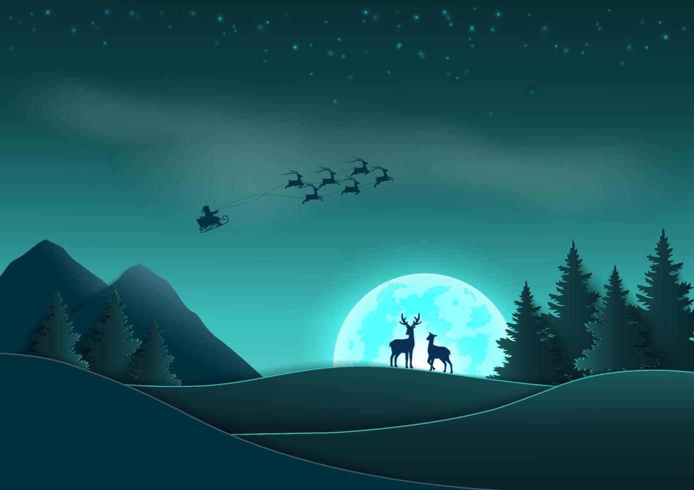 feliz navidad y próspero año nuevo escena, diseño de arte en papel con santa claus viniendo por la noche sobre el bosque vector