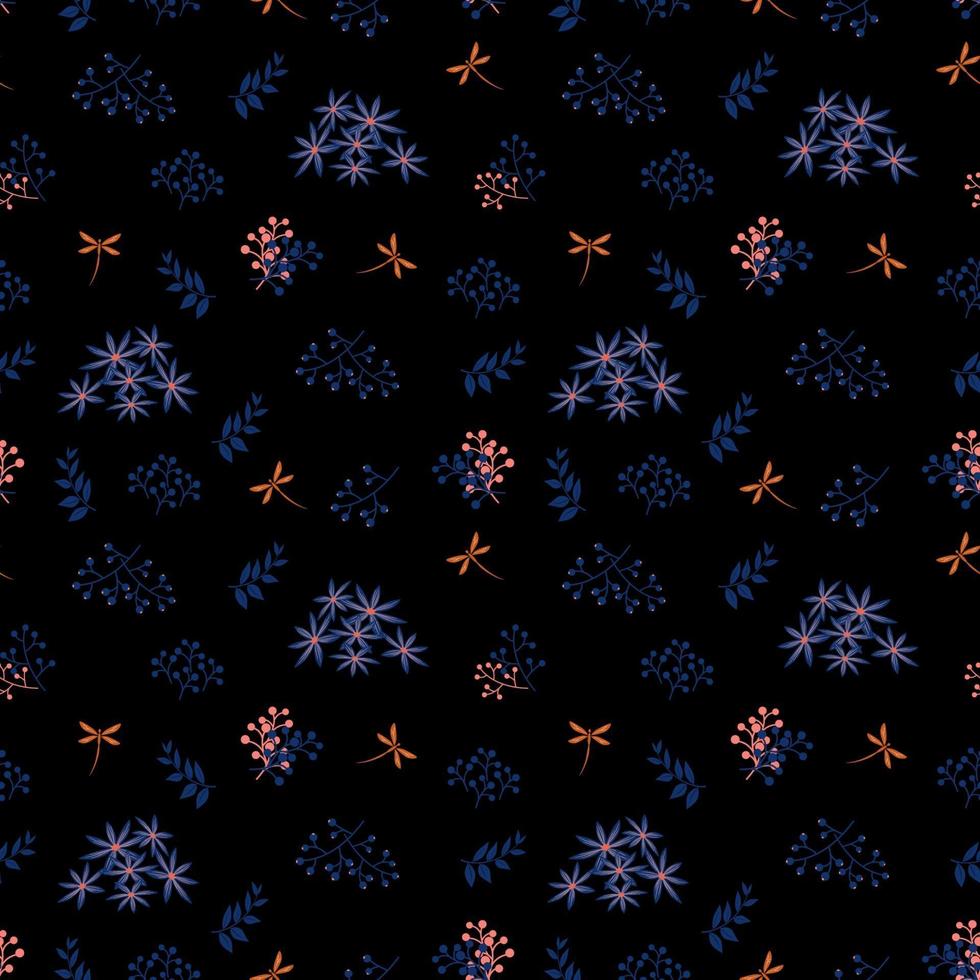 Seamless pattern of blue flowers and dragonflies on dark background vector