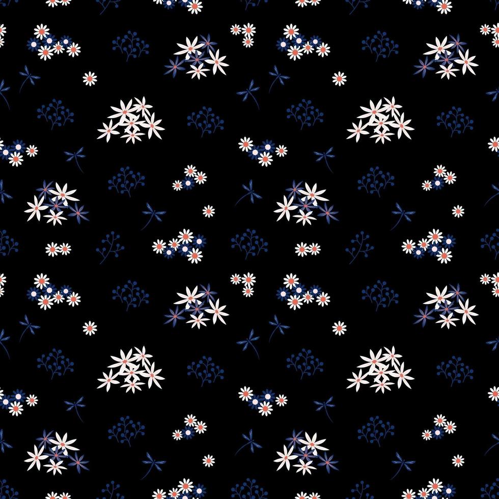 Monotone seamless pattern white and blue flowers with dragonfly vector