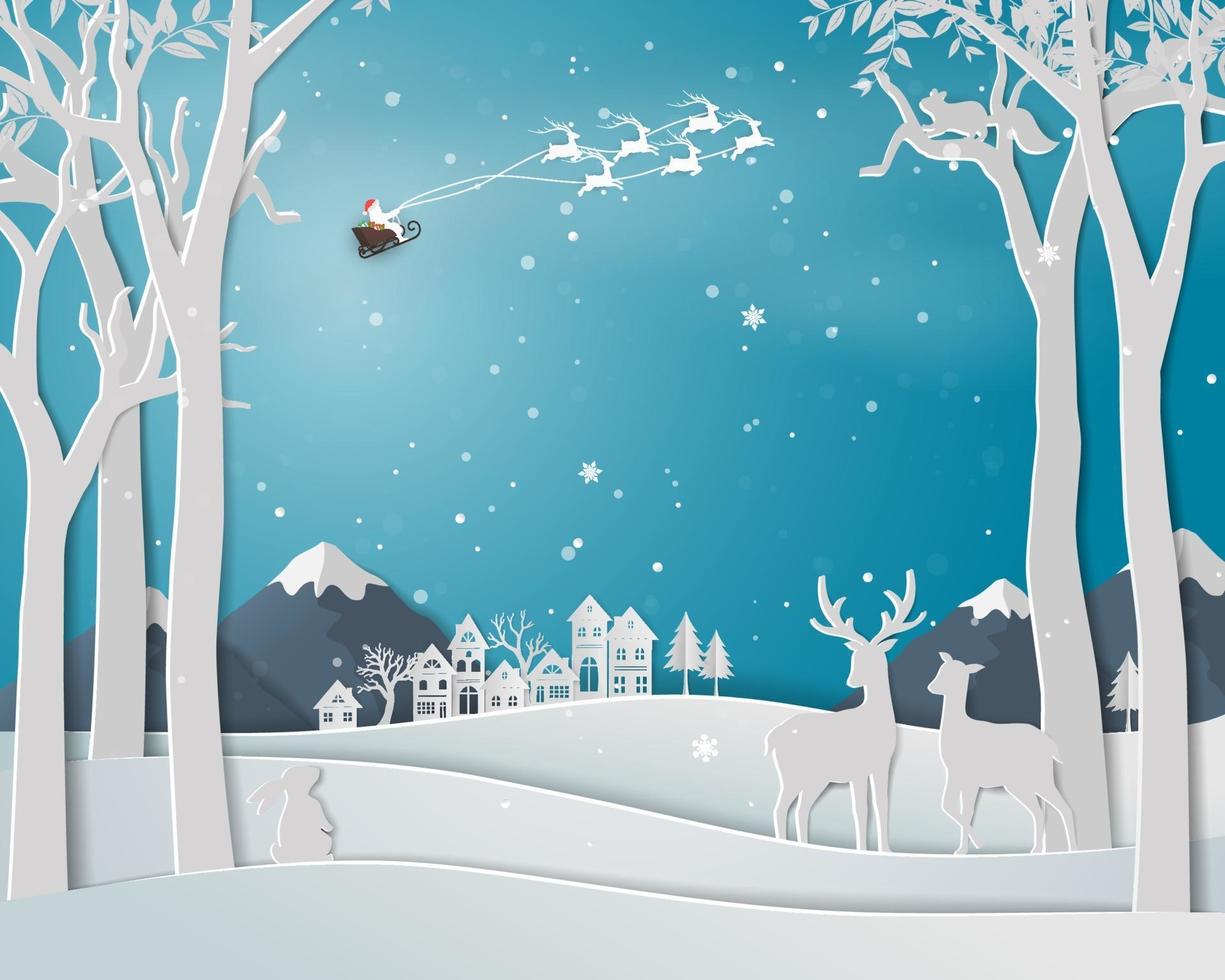 Familia de ciervos en temporada de invierno con paisaje urbano de la ciudad sobre fondo de arte de papel para vacaciones de Navidad y feliz año nuevo vector