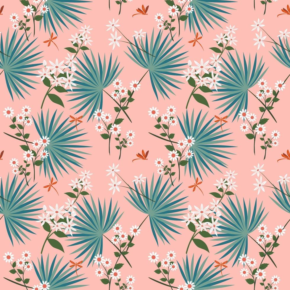 Cute white flowers with tropical leaves on pastel seamless pattern vector