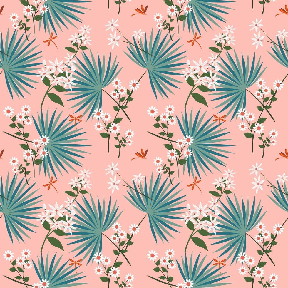 Cute white flowers with tropical leaves on pastel seamless pattern vector