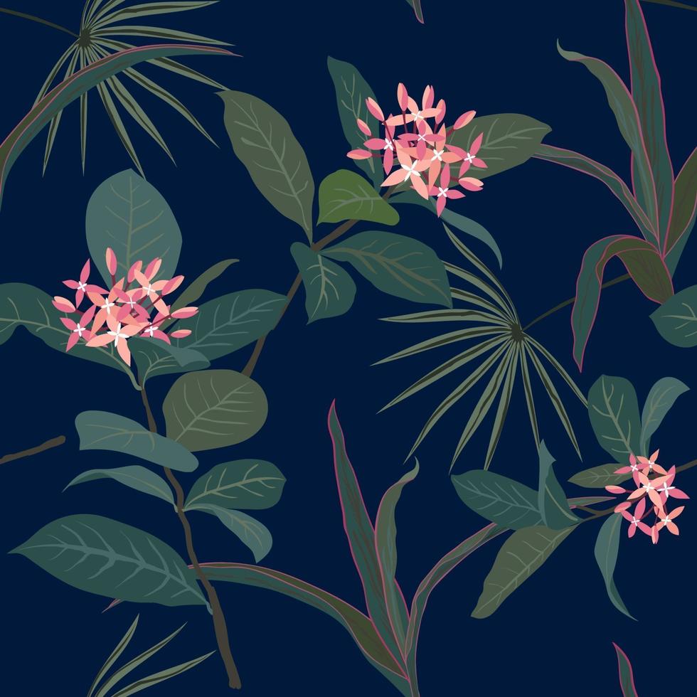 Pastel tropical flowers and leaves seamless pattern vector