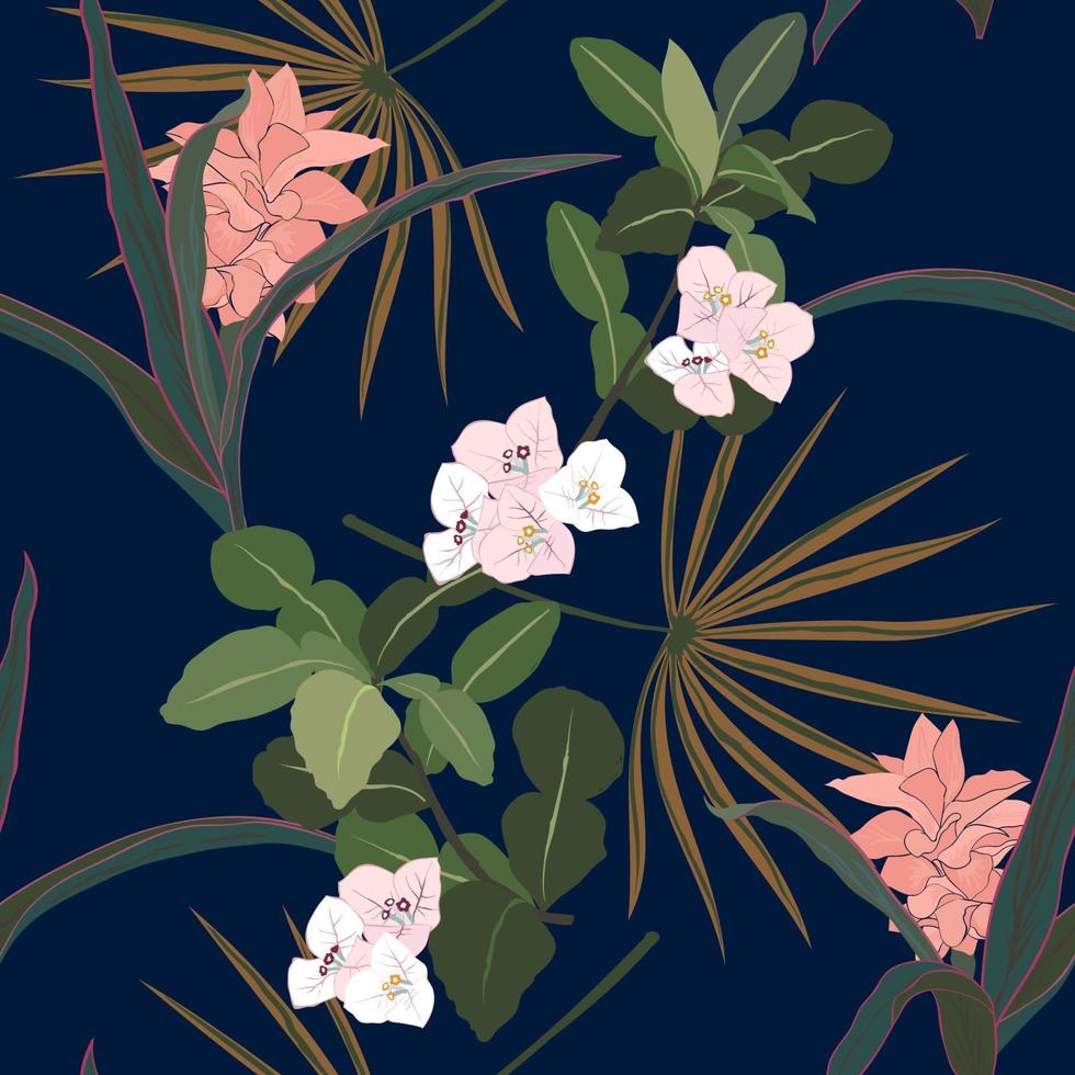 Tropical flowers and leaves on dark summer night seamless pattern vector