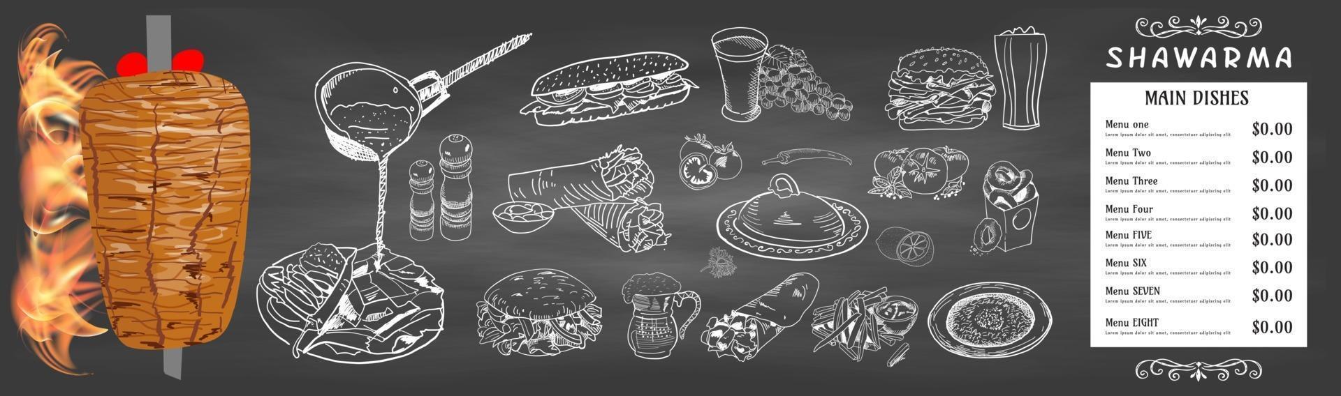 Shawarma cooking and ingredients for kebab. vector