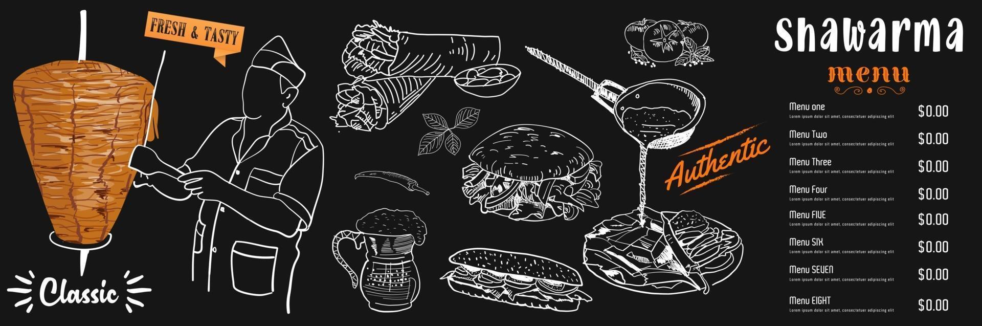 Shawarma cooking and ingredients for kebab. vector