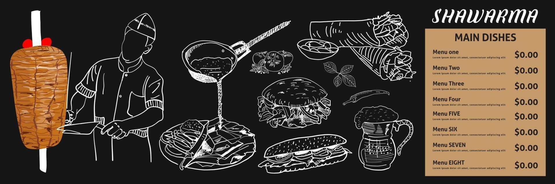 Shawarma cooking and ingredients for kebab. vector