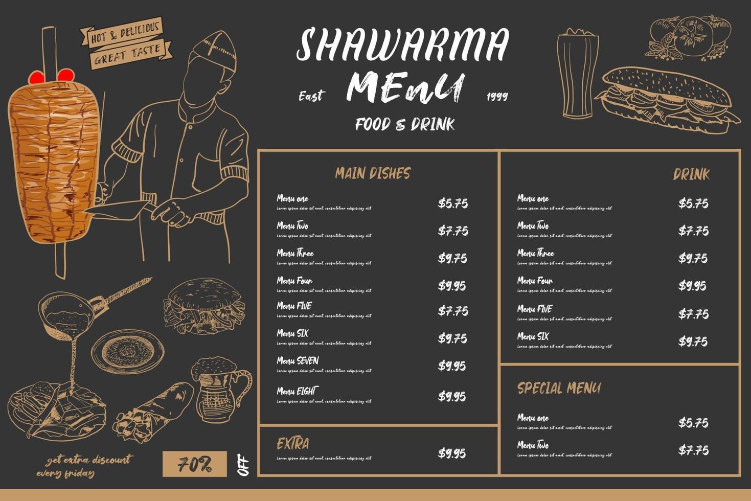 Shawarma cooking and ingredients for kebab. vector