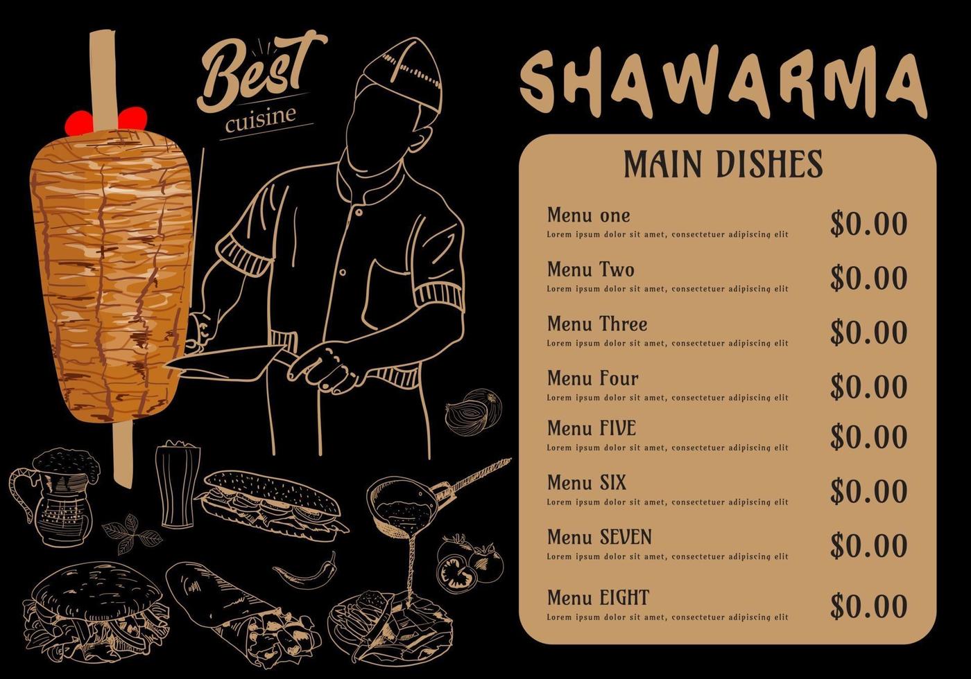 Shawarma cooking and ingredients for kebab. vector