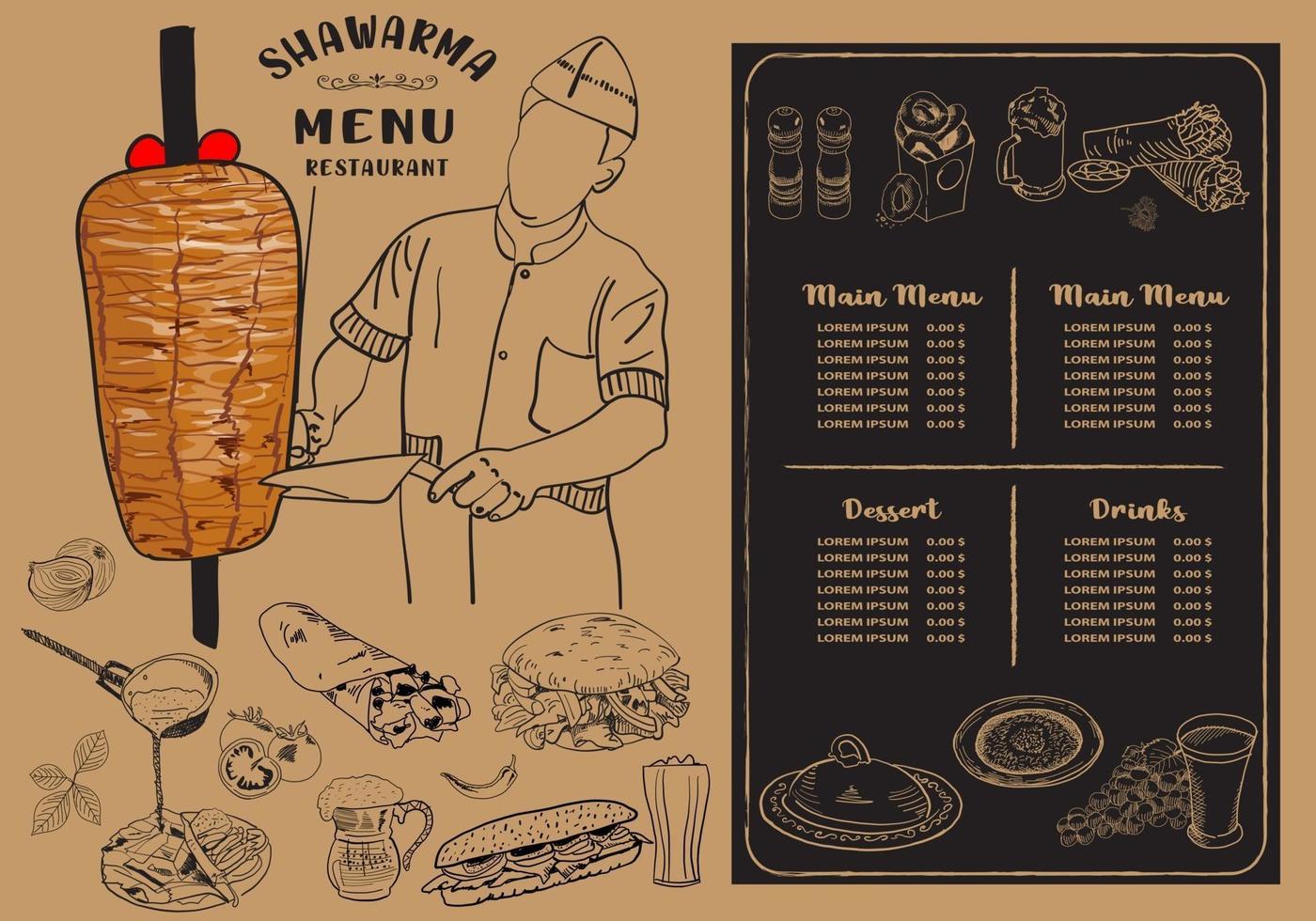 Shawarma cooking and ingredients for kebab. vector