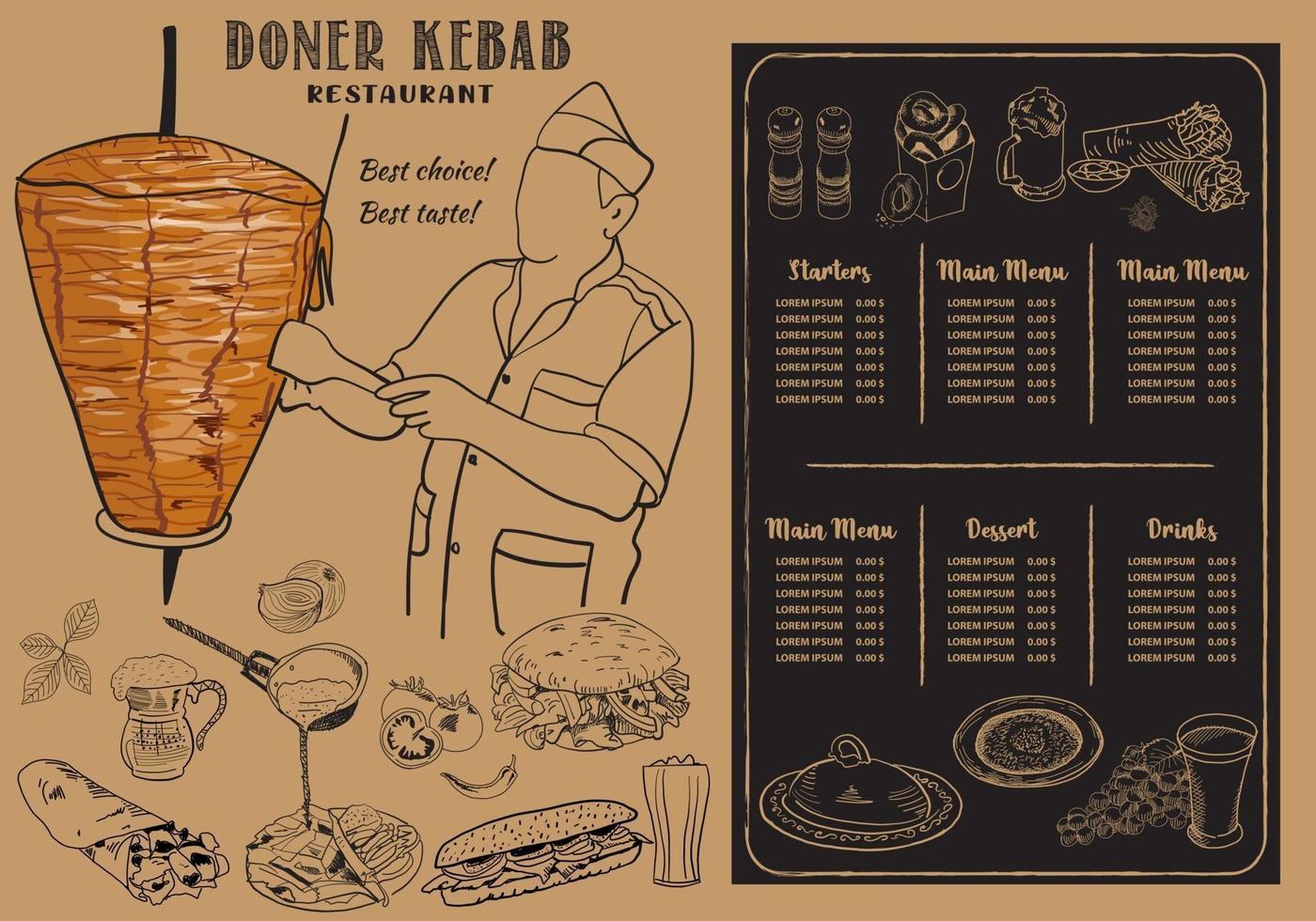 Shawarma cooking and ingredients for kebab. vector