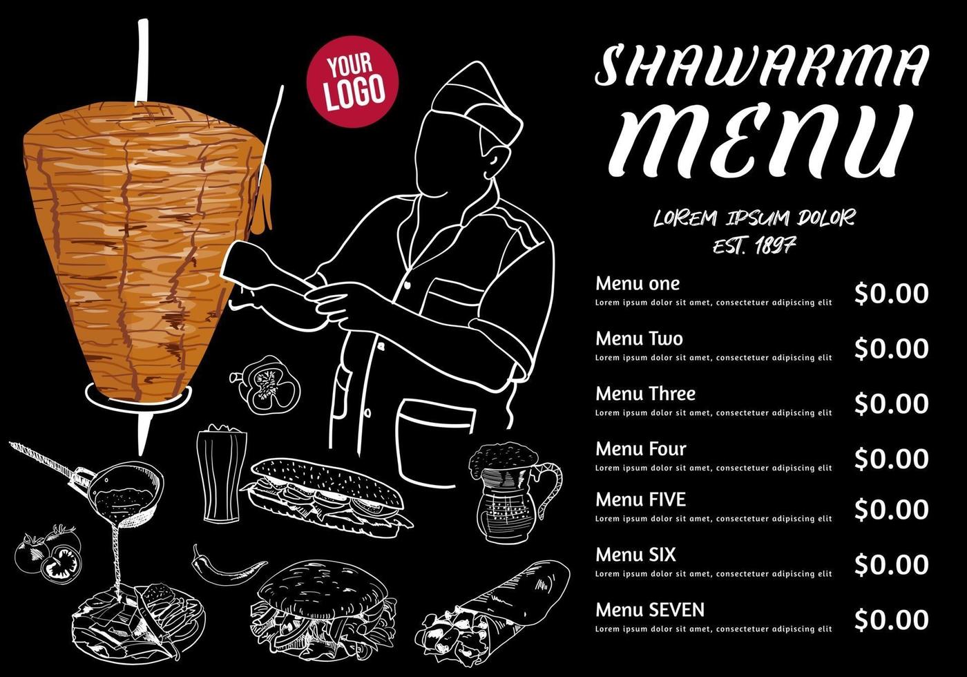 Shawarma cooking and ingredients for kebab. vector