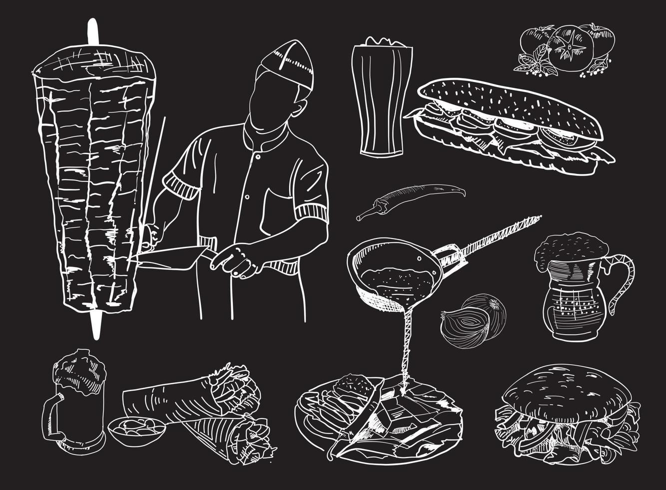 Shawarma cooking and ingredients for kebab. vector