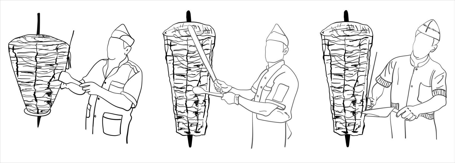 Shawarma cooking and ingredients for kebab. vector