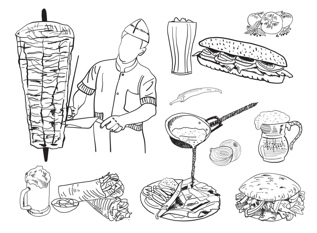 Shawarma cooking and ingredients for kebab. vector