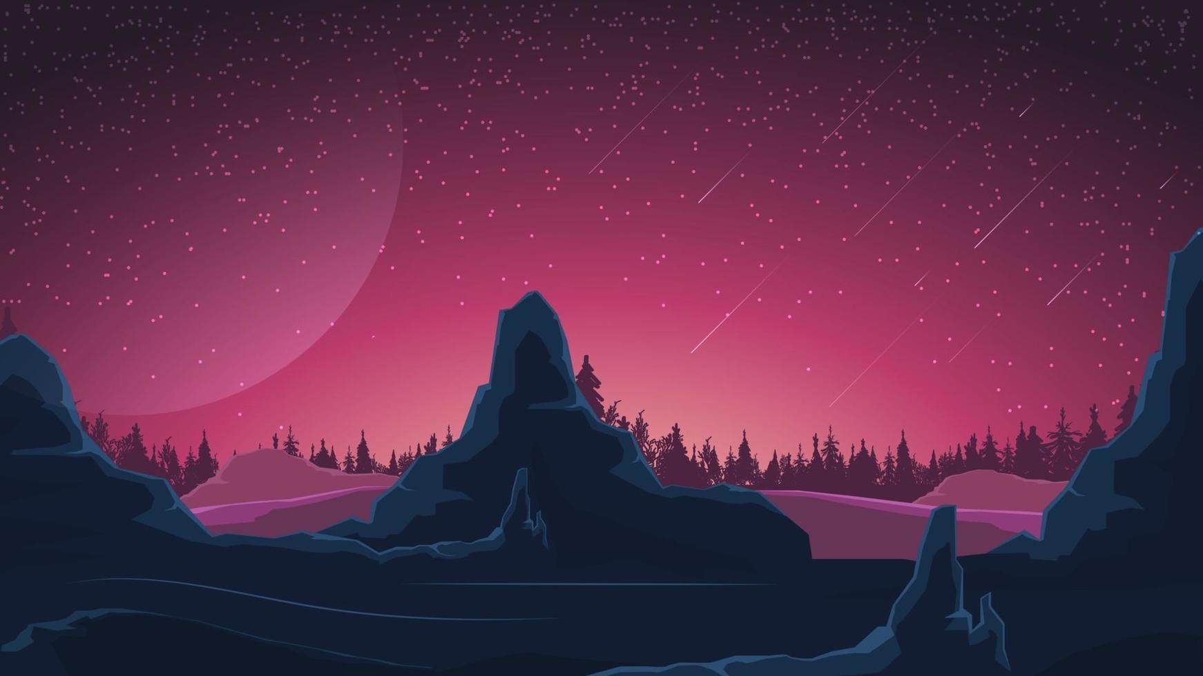 Space landscape in purple tones, nature on another planet. Vector illustration.