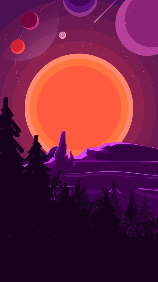 Landscape with sunset behind the mountains, forest and starry sky on purple sky. Vector illustration.