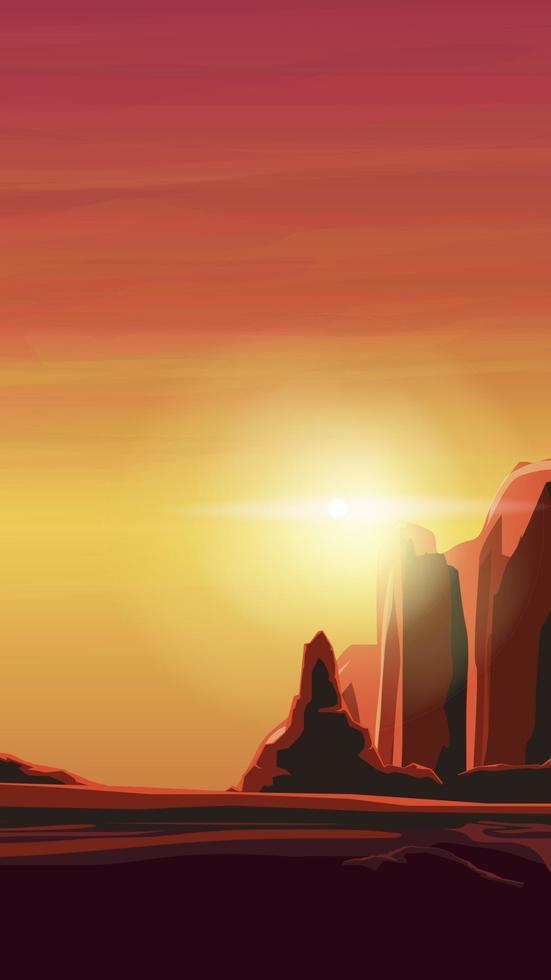 Sunrise in a sandy canyon in warm orange tones. Vector illustration