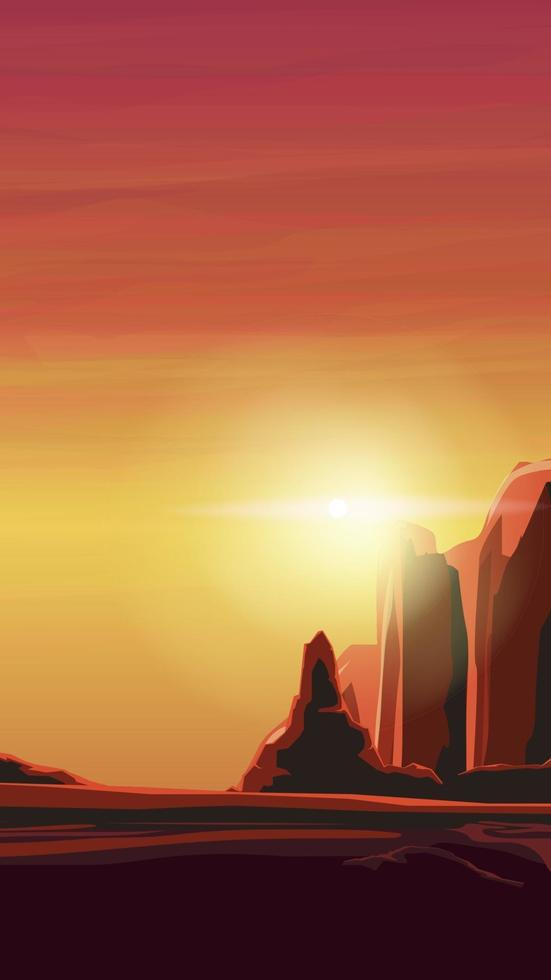 Sunrise in a sandy canyon in warm orange tones. Vector illustration