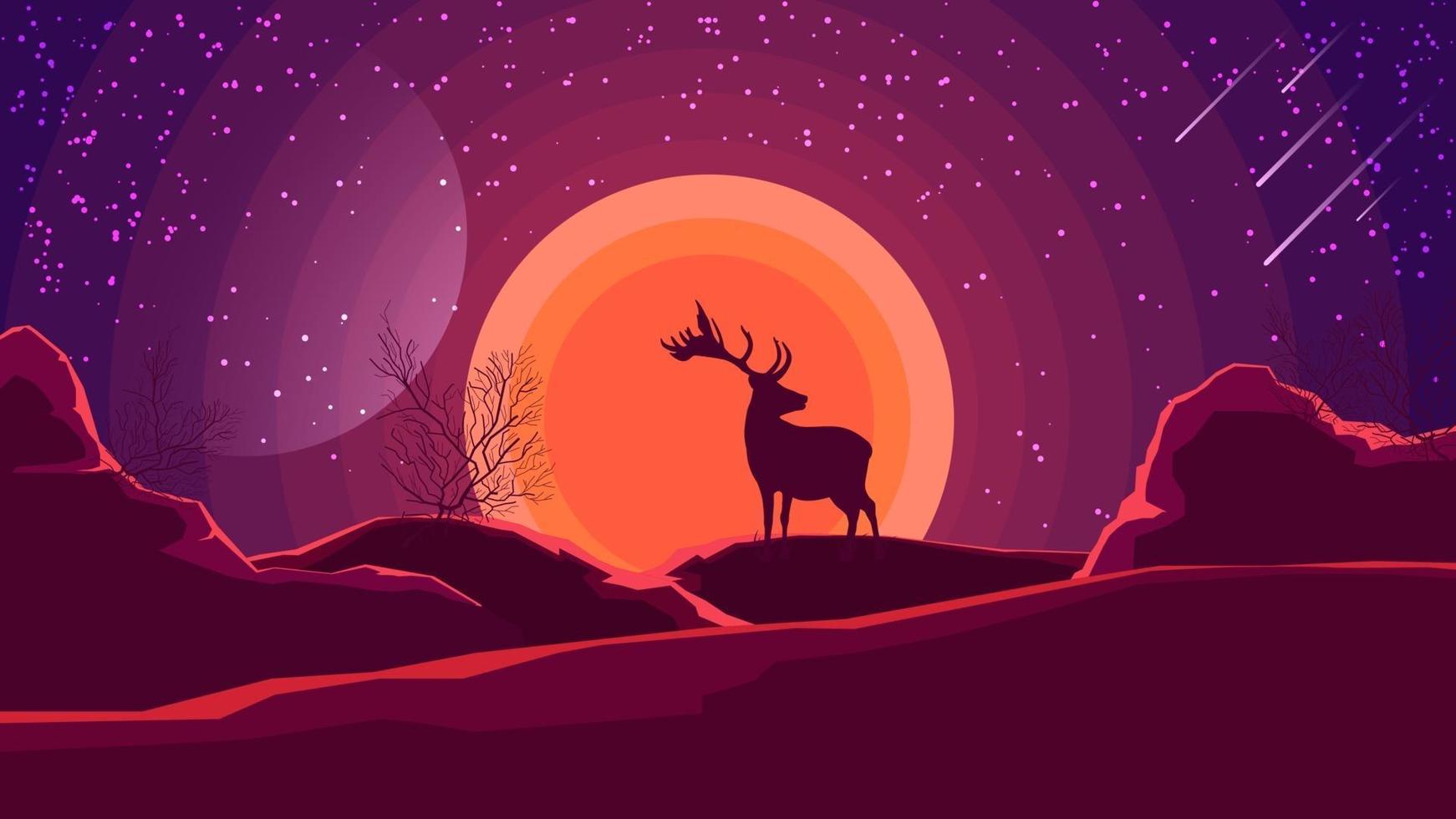 paisaje con puesta de sol sobre las montañas, la silueta de un ciervo y un cielo estrellado en tonos morados. ilustración vectorial. vector