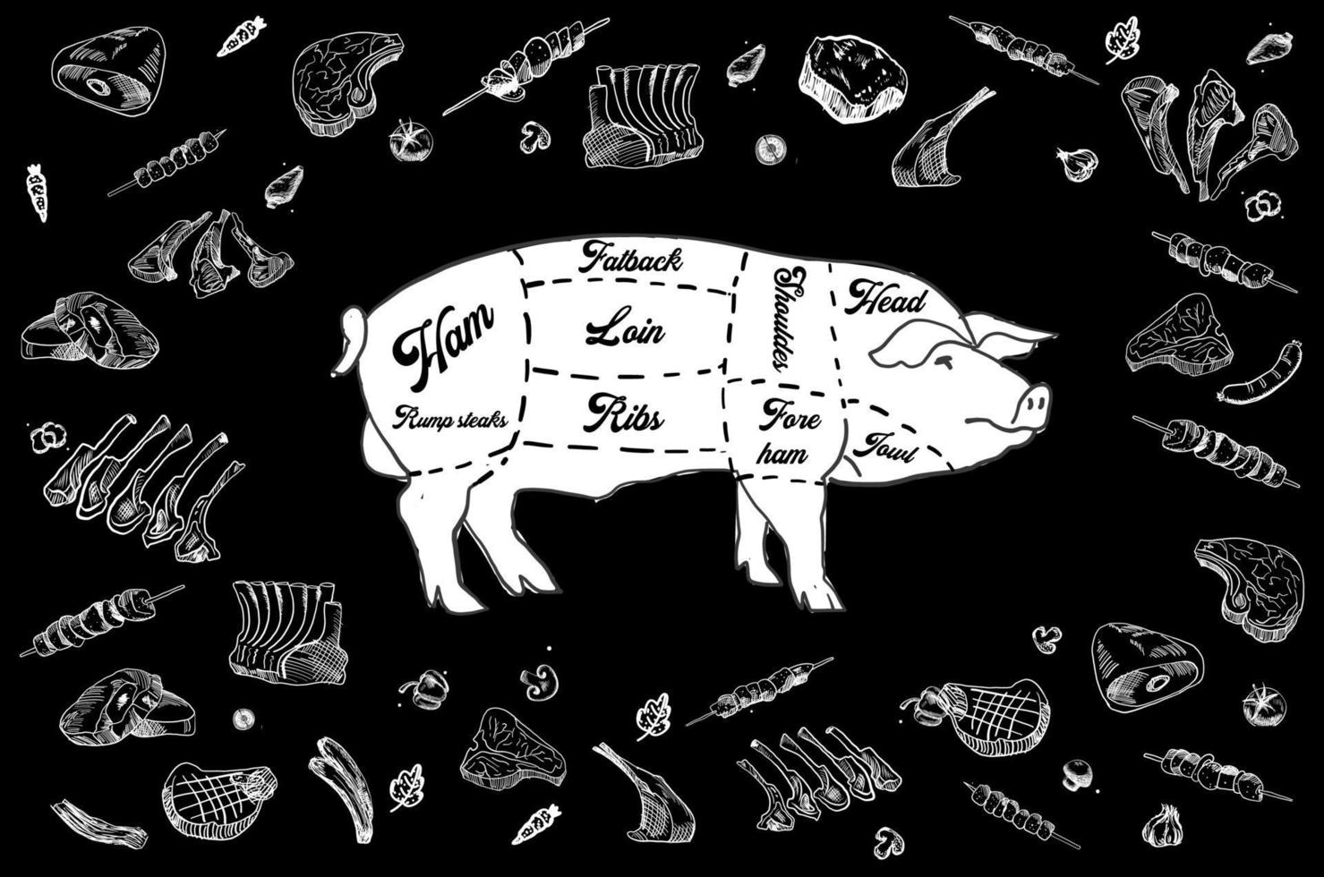 Butcher shop blackboard Cut of  Meat. vector