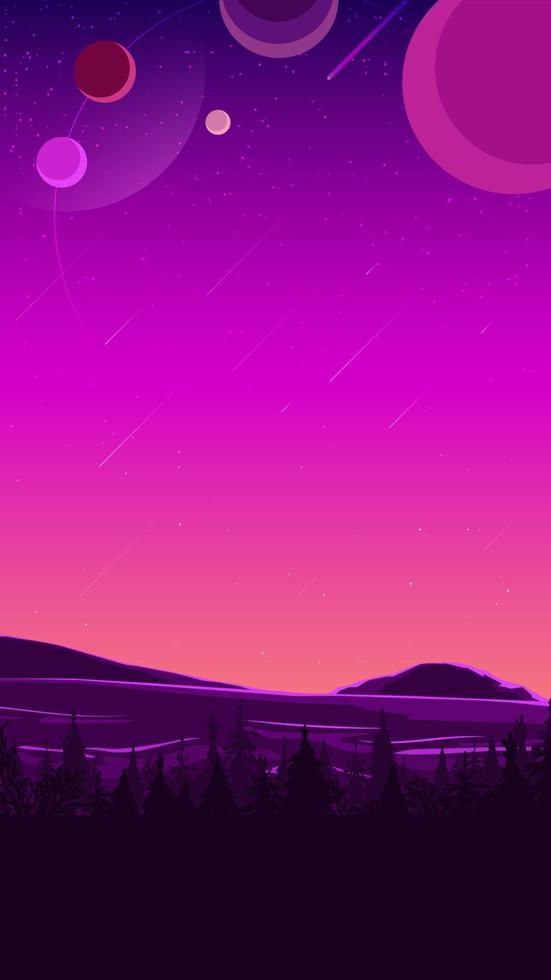 Space landscape in purple tones, nature on another planet. Vector illustration.