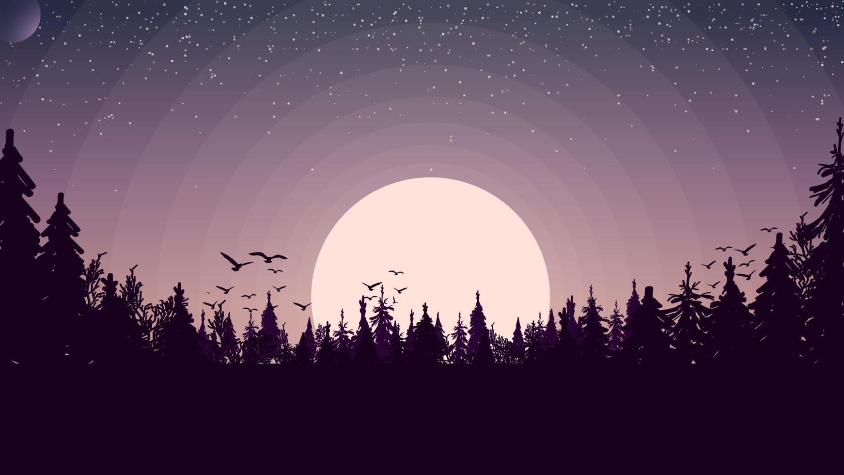 Sunset in a pine forest, birds soared into the sky vector