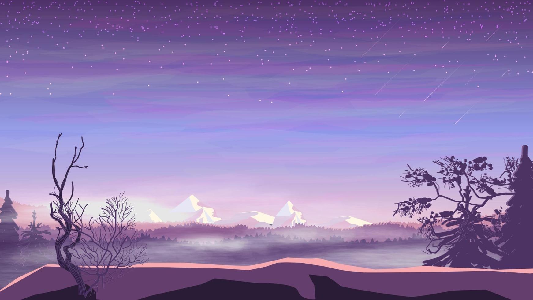 paisaje de la tarde, bosque de pinos en la niebla y montañas nevadas, cielo estrellado con estrellas fugaces. ilustración vectorial vector