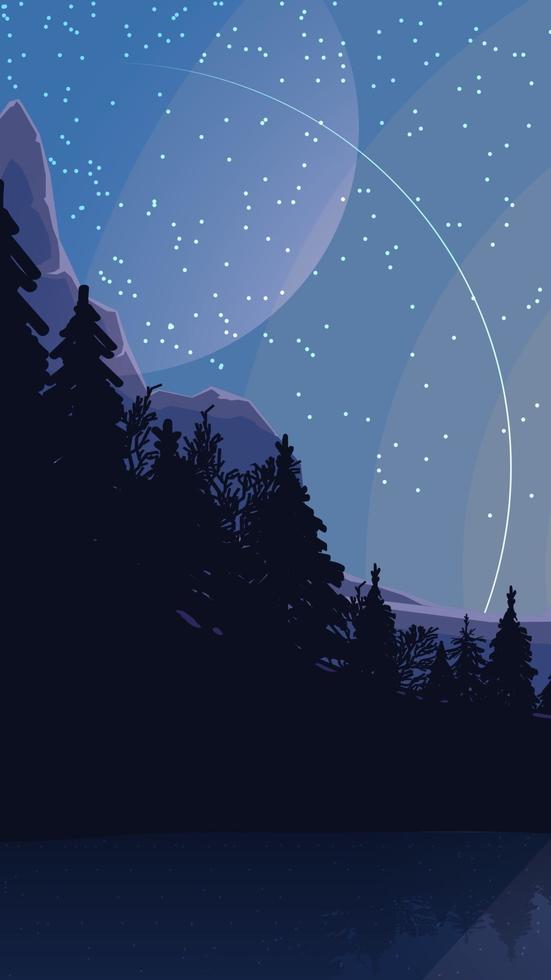 Landscape with starry sky, planets, pine forest in the mountains. Vector illustration