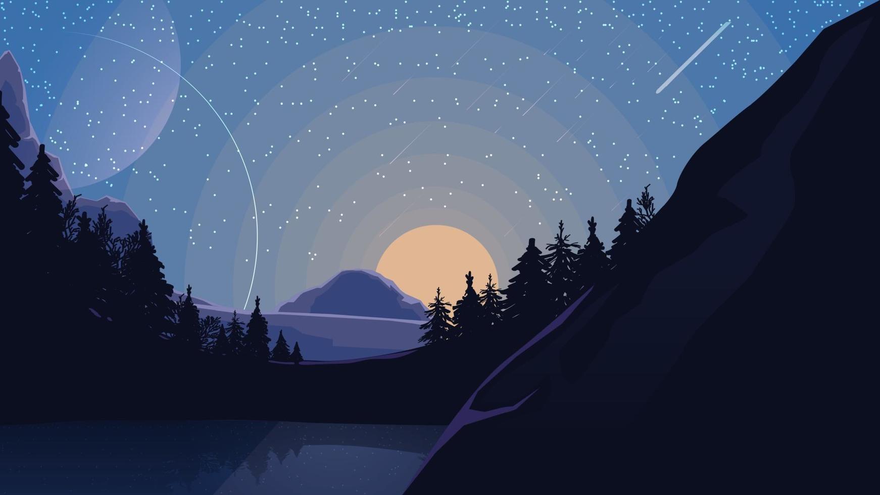 Landscape with starry sky, planets, pine forest and lake in the mountains. Vector illustration